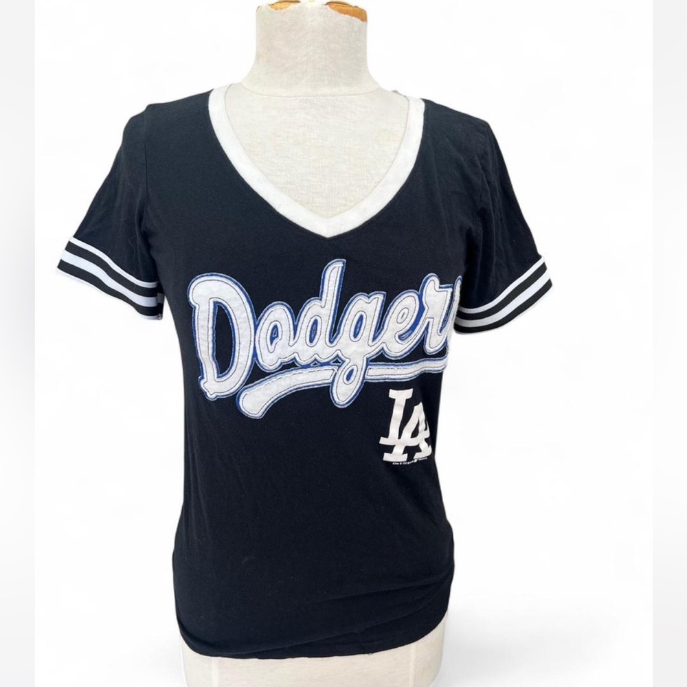 LA Dodgers Navy Blue V-Neck Embroidered Script Tee - Small